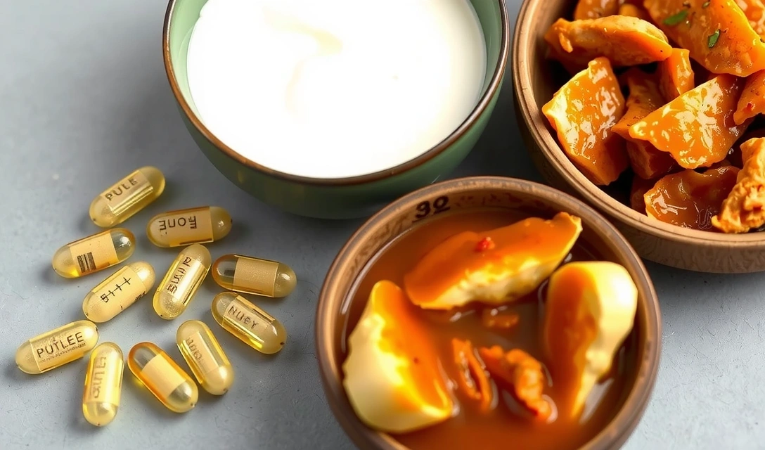 Probióticos en forma de cápsulas y alimentos fermentados