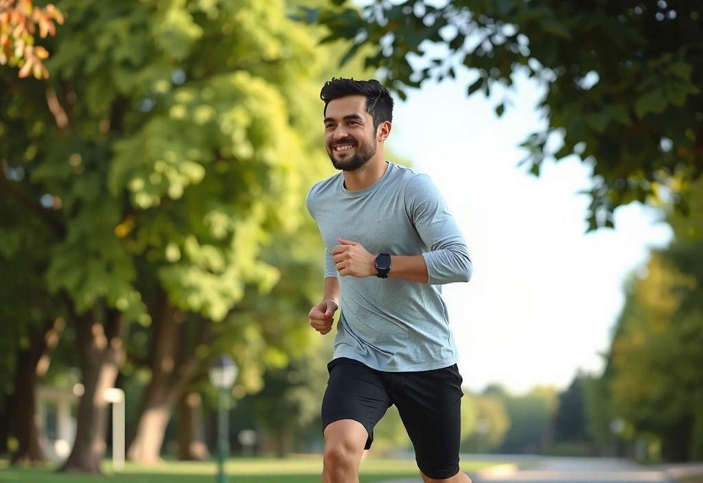 Hombre corriendo al aire libre en un parque con árboles, sintiéndose energizado.