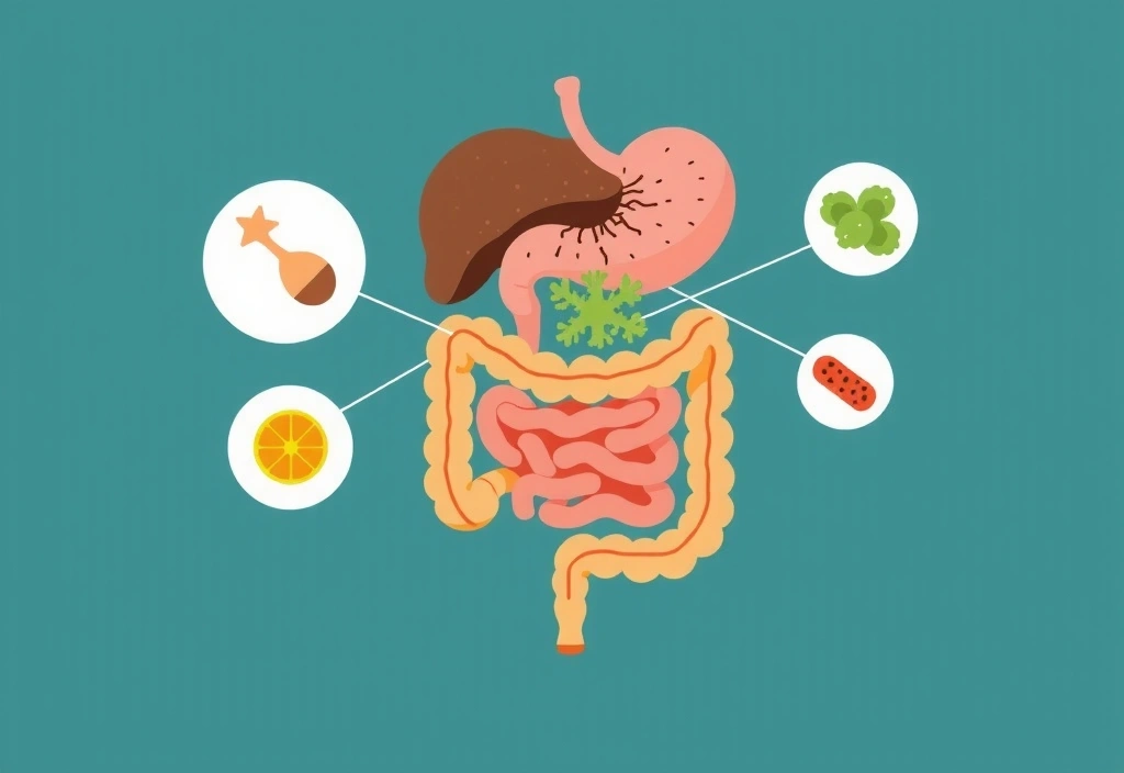 Ilustración de un sistema digestivo saludable con alimentos nutritivos.