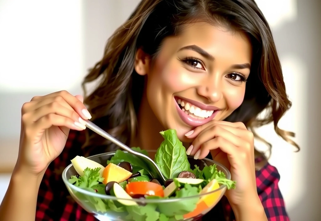 Mujer sonriendo mientras come una ensalada fresca y colorida.