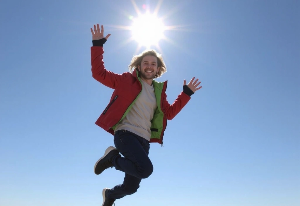 Persona rebosante de energía, corriendo y saltando al aire libre con el sol brillando.