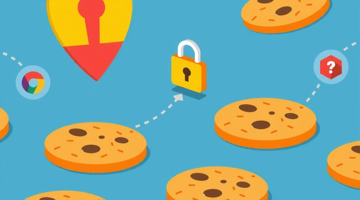 Ilustración de cookies de internet con pequeños íconos de seguridad y privacidad