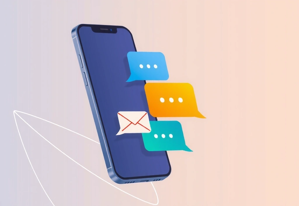 Ilustración de un teléfono móvil con burbujas de chat y un icono de correo electrónico