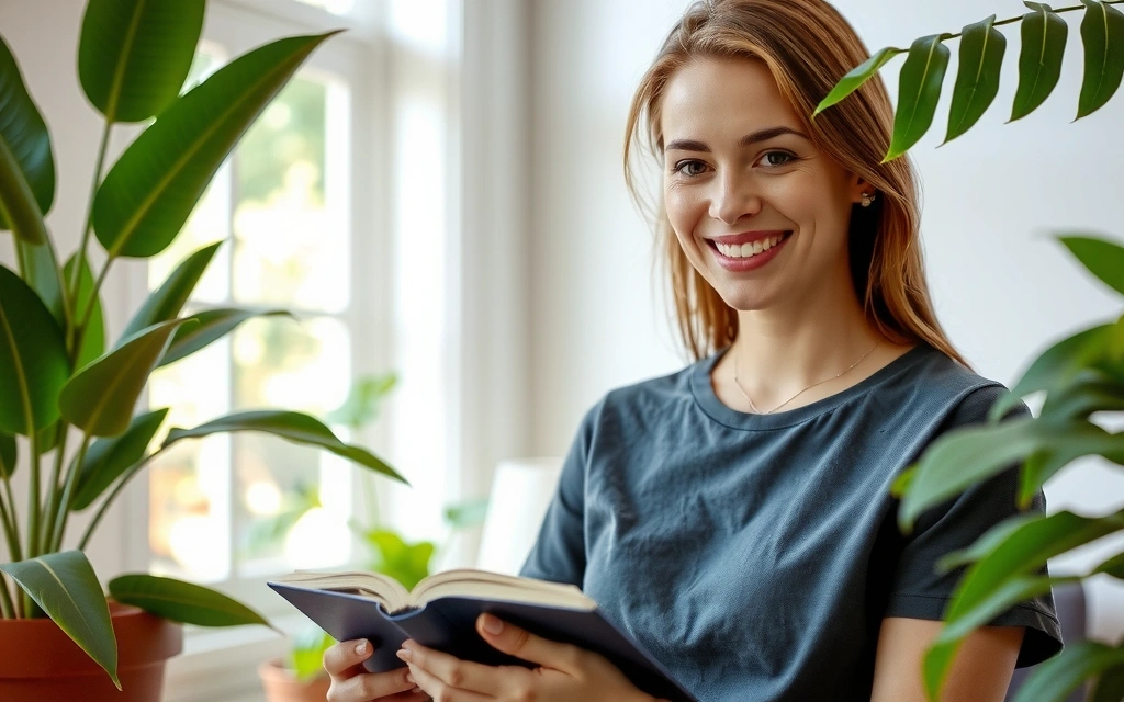 Mujer sonriente leyendo sobre salud natural con plantas y luz solar