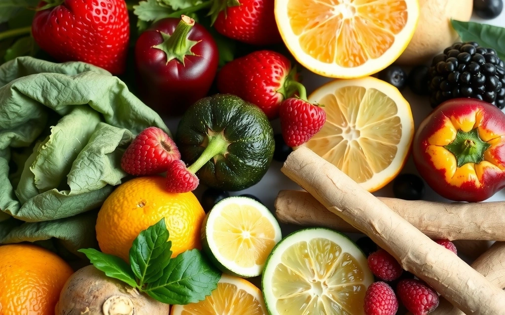 Frutas y verduras frescas que representan vitaminas naturales